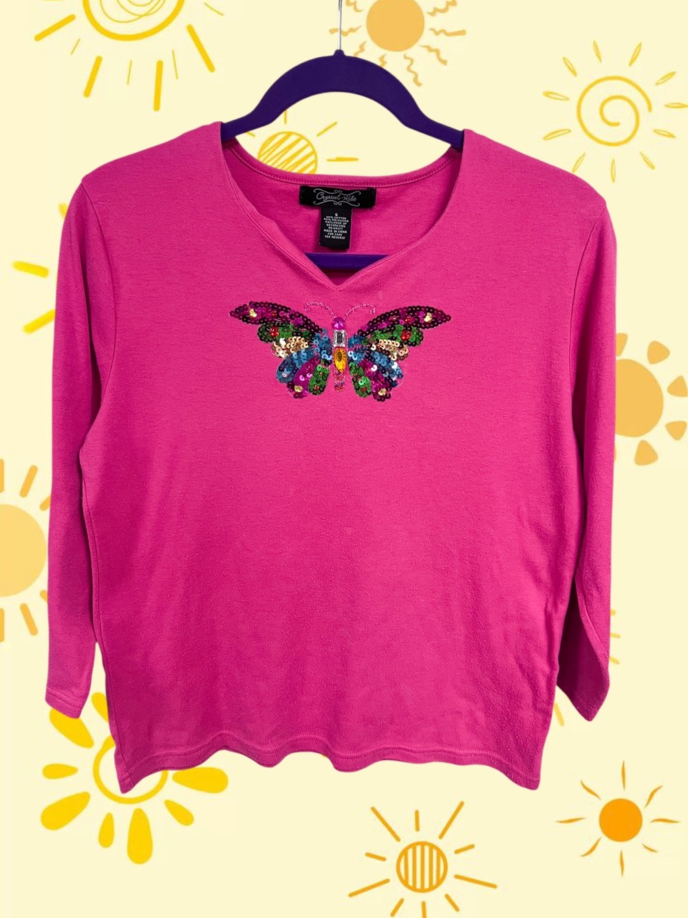 Crystal-Kobe hot pink shirt with rainbow gem butterfly